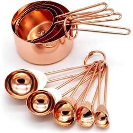 Copper Stainless Steel Measuring Cups and Spoons Set of 8 Engraved Measurements, Pouring Spouts & Mirror Polished for Baking and Cooking Include Magnetic Measurement Conversion Chart by KAISHANE