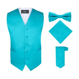 S.H. Churchill & Co. Men's 4 Piece Vest Set, with Bow Tie, Neck Tie & Pocket Hankie - Teal, L