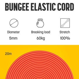Kamu Synber Bungee Cord 5mm x 20m Elastic Shock Cord Bungee Rope for Tarpaulin, Kayak, Tie Down, Camping | Orange