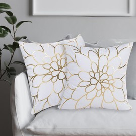 Betadistor Decorative Throw Pillow Cases 2 Pack 18"x18" Gold Flower Cushion Covers 45cm x 45cm Square Throw Pillow Covers for Bedroom Living Room Sofa Couch Bed Pillowcases, Gold Flowers, 524-0531