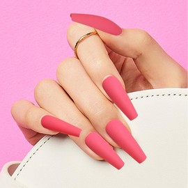 24Pcs Press on Nails for Women Girl, Solid Extra Long Coffin Fake Nails Artificial Fingernail, Reusable with Adhesive Tabs for Gift Parties Festival Makeovers (Pink)