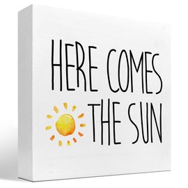 z-crange Summer Desk Decor,Here Comes The Sun Inspirational Wood Box Sign Decor Desk Sign,Farmhouse Rustic Sunshine Wooden Box Block Sign for Home Office Shelf Table Decor Decorations