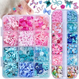 editTime Mixed Style Fashion 3D Nail Art Charms Kit Resin Camellia Rose Flower Butterfly Bow Moon Heart Bear Snake Hollow Pearl with Rhinestones and Soft Slice (Pink Blue)