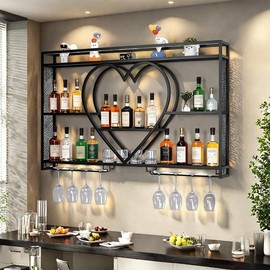 W2 Liquor Bottles Bar Shelves Wall Mounted with LED Lighting Glass Holder, Wine Rack 3-Tiers Display Storage Organizer Hanging Long Stemware Goblet Metal for Home Cellar Black (55"x 6"x 33")