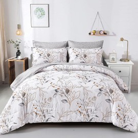 WONGS BEDDING 7 Pieces Botanical Comforter Set Full, Floral Reversible Bed in a Bag Grey Golden Leaves Bedding Set (1 Comforter,2 Pillowcase,2 Pillow Shams,1 Flat Sheet,1 Fitted Sheet)