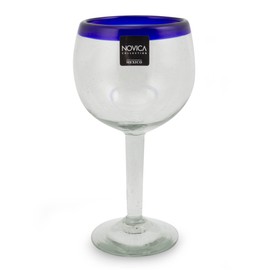 NOVICA 162788"Sapphire Globe Blown Wine Glass, Set of 4, 7.5" H x 3.5"