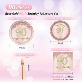 96Pcs 90th Birthday Decorations for Women Rose Gold 90th Birthday Party Plates Rose Gold Party Plates 90 Years Birthday Disposable Tableware and Napkins for Women 1934 Birthday Theme Party