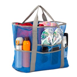 Roannie - Bolsa de playa grande para mujer, con 9 bolsillos y cierre para familia, playa, viajes, día festivo, colección de juguetes, color azul, Azul, L