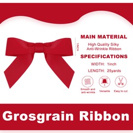 UnionJoy 1 Inch 25 Yards Solid Grosgrain Ribbon Roll for Bows, Crafts, Gifts Wrapping, DIY Hair Accessories (Red)