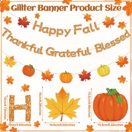 Funrous Happy Fall Thankful Grateful Blessed Banner Glitter Fall Hanging Banner Pumpkin and Maple Leaves Signs Thanksgiving Garland Decorations for Autumn Harvest Party Wall Decor Supplies