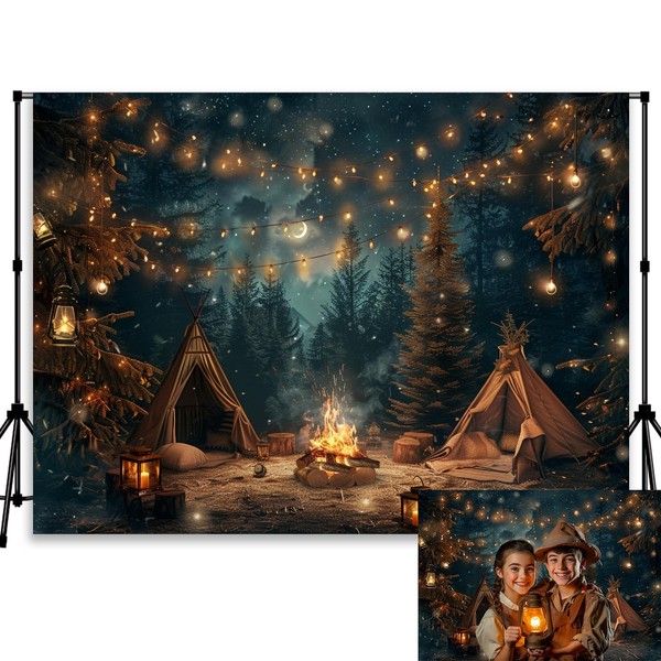 QICAIYUN Camping Backdrop for Photography Forest Night Camping Backdrop Campfire