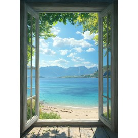 WOOHOOROO Peel and Stick Fake Window-Refreshing Coastal View with Azure Ocean,Sandy Shore & Sun-Dappled Greenery Removable Wall Mural,36" x 24"