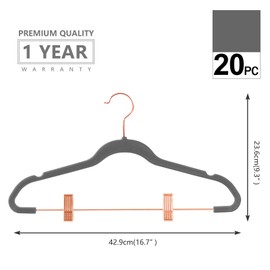 MIZGI Premium Velvet Pants Hangers with Clips (Pack of 20) Slim Skirt Hangers- Non Slip Felt Outfit Dress Hangers Gray - Copper/Rose Gold Hooks,Space Saving Shirt Clothes Hangers