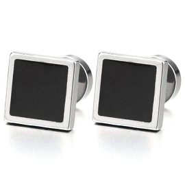Unisex Stainless Steel Square Stud Earrings with Black Enamel for Men and Women, Screw Back, 2pcs(CA)