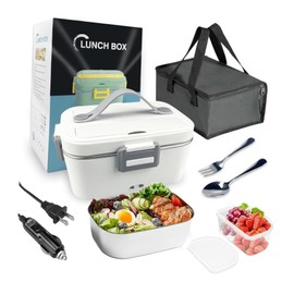 Camicour 1.8L Electric Lunch Box with Fork Spoon Carry Bag Large-Capacity Stainless Steel Container Fast 60W Food Heater 12V/24V/110V Portable Self Heating for Car Truck Home office(White)