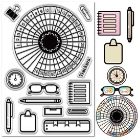 CRASPIRE Habit Tracker Clear Stamp Clamp Clip Clock Notebook Eyeglasses Pen Calendar Pie Chart Silicone Transparent Stamp Seals for Journaling Card Making Scrapbooking Photo Album Decorative DIY