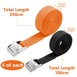 PIWOSGOL Pack of 8 short lashing straps, 1 m, 2.5 m, adjustable lashing strap, fastening strap, lashing straps with clamping lock, lashing strap for bicycle/motorcycle/luggage packages/camping, 25 mm,