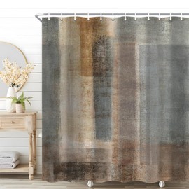 Brown Grey Shower Curtains, Rustic Abstract Shower Curtain, Vintage Farmhouse Fabric Bath Curtain for Bathroom Decor Waterproof Cloth with Hooks 72X72 Inch