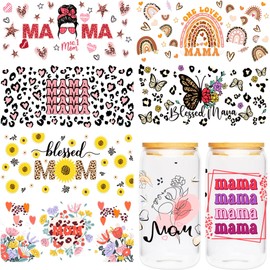 UV DTF Cup Wrap for 16 OZ - 8 Sheets Mama UV DTF Transfer Sticker for Glass, Mom Daily Affirmation, Bohemian Rainbow, Sunflower, Butterflies Style Rub On Transfers, Mom Appreciate Gifts