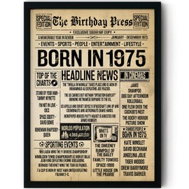 Stuff4 50th Birthday Poster Framed - Born In 1975 Vintage Newspaper - Happy 50th Birthday Gifts for Women Men Retro Back In 1975, 8x10 Inch Fifty Fiftieth Decor Decoration Bday Party