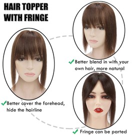 Elailite Hair Topper Extensions Women Toupee with Bang 100% Remy Real Hair 150% Thick 7 x 13 cm Base Clip in Hair Thickening 18 Inches (45 cm) 53 g #04 Medium Brown