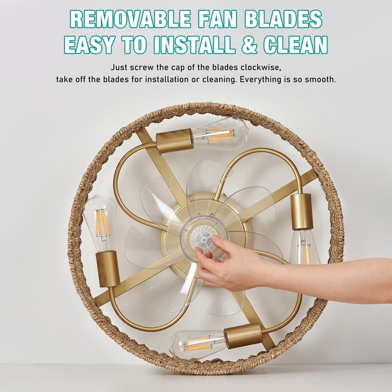 Rattan Ceiling Fans with Light and Remote, Boho Fandelier Ceiling
