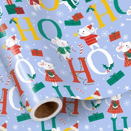 RUSPEPA Christmas Wrapping Paper Roll for Boys Girls, Mini Roll, Cute Mouse, Gift Boxes, Snowflake and HO HO Design, Blue Gift Wrap for Kids Holiday Gifts, Party, 17 Inches x 16.4 Feet