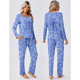 Ekouaer Women's Pajama Set 2 Piece Loungewear Soft Pjs Casual Lounge Sets with Pockets,Blue Wihte Flower,L