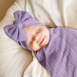DRESHOW Newborn Reception Blanket Toddler Warm for Girls with Matching Bow Hat and Bow Headband, 1 set: hat + hairband + blanket (purple)