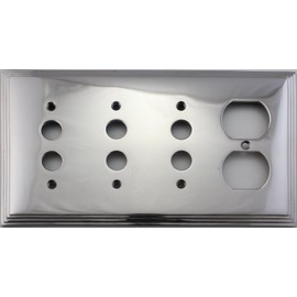 Polished Nickel Deco Step Style 4 Gang Combination Switch Plate - 3 Push Button Light Switch Openings 1 Duplex Outlet Opening