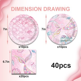 40Pcs Mermaid Birthday Party Plates and Napkins Supplies for 20 Guests - Mermaid Ocean under the Sea Theme for Girls Baby Shower Birthday Party Decorations