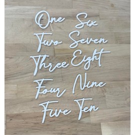 Cursive Wedding Table Number SET, DIY thin modern Black or White acrylic cutouts with silicone glue included. Words only, no backing (One - Thirty Five, Gloss White)