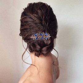 Inilbran Wedding Rhinestone Leaf Hairclips Barrette Crystal CZ Hair Barrettes Blue Crystal Leaf Barrette Head Clips Vintage Cz Hairclips Decorative Headwear Bride Hair Accessories for Women Headdress