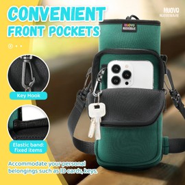 Nuovoware Water Bottle Carrier Bag, 25oz/32oz Bottle Pouch Holder, Adjustable Shoulder Hand Strap 2 Pocket Sling Neoprene Sleeve Sports Water Bottle Bag for Men Women Hiking Travel, Dark Green