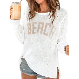 Urchics Swimsuit Coverup for Women Long Sleeve Knit Sweater Tops Beach Cover ups Lightweight Summer Outfits White L