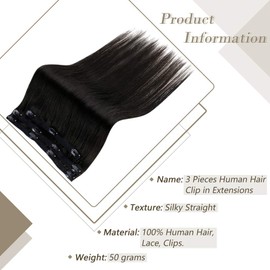 RUNATURE Clip in Human Hair Extensions Natural Black Clip in Hair Extensions 20 Inch Remy Hair Extensions Clip ins Double Weft Clip in Hair Extensions for Black Women 3pcs/50g