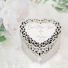 Cherished Moments Baptism Gift for Girls Jewelry Keepsake Box with Heart-Shaped Filigree Design and Engraved Cross, Silver Toned