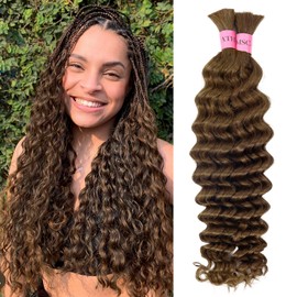 MSCATHY Human Braiding Hair for Boho Braids 100g Deep Wave Bulk Human Hair for Braiding Color 4 Boho Human Hair 16inch for Braids 12A Chocolate Brown 4# Bohemian Hair(#4 Brown-100g Pack-16inch)