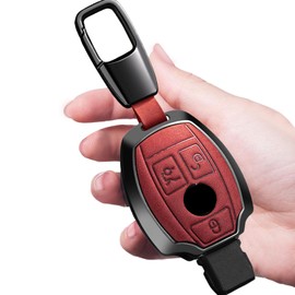 Car Key Cover Leather, Fit for A B C E K G R 3 class AMG CL CLA CLK GLA GLB GLC GLE W164 / W176 /W204 Buttons Key Fob Protector (B-red)