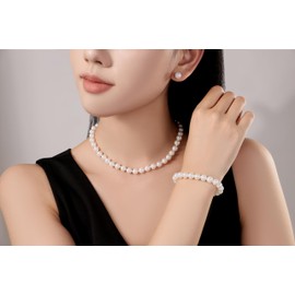 LZMEI 8mm Colors Faux Hand Knotted Glass Imitation Pearls Beads Necklace Earring Bracelet Jewelry Set for Women and girls (White 16inch)