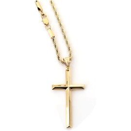 LIFETIME BLING 24K Gold Chain Cross Pendant Necklace for Men, Women 3MM Rope Cuban Curb Chain w/real strong Solid Clasp gift for husband, wife Religious Beveled Edges (22)
