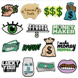 15pcs Money Theme Iron on Patches, USD Dollar Signs Financial Motifs Embroidered Trucker Hat Sew on Applique Patches for Hats,Jeans,Jackets,Backpacks,Dress，Clothes DIY Craft