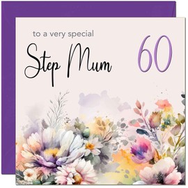 60th Step Mum Birthday Card - Purple Floral Step Mother Birthday Card for 60 Year old Sixty Sixtieth