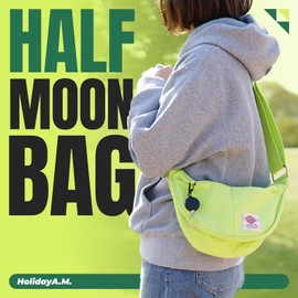 Holiday A.M. Canvas Crescent Moon Shoulder Hobo Sling Bag for Women with Retractable Key Reel Unisex (IVORY)