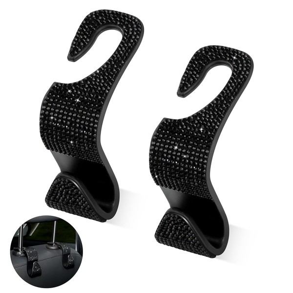 Newellsail Car Seat Hooks Glitter Crystal Headrest Hanger Car Back Seat Storage Hooks for Purse Handbag Grocery Bag 2 Pieces (Black)