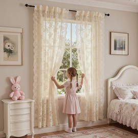 MEETSKY Light Yellow Lace Curtains 63 Inch Length, Yellow Cream Lace Curtain Vintage Victorian French Light Filtering Lacy Drapes for Living Room Bedroom, Each 50" Wx63 L, 2 Panels