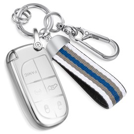 Coverforkey for Jeep Key Fob Cover with Nylon Webbing Keychain, Fashionable Matte Metallic Soft Case for for Grand Cherokee Renegade Chrysler (5 buttons) Shell (Silver, B), Silver, B