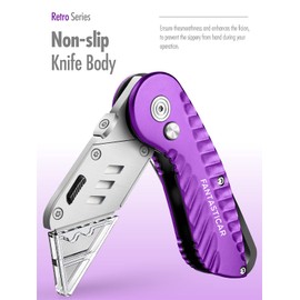 FantastiCAR Folding Utility Knife, Quick Blade Change Box Cutter, Anti-slip Metal Body, with Safety Lock and 5 Extra Blades (Retro Purple)