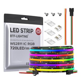 BTF-LIGHTING FCOB WS2811 IC RGB COB LED Strip DC24V 720LED/m 24FT Flexible High Density Uniform Chasing Color Light 20IC/m 12mm Width Dream Color LED Tape Black PCB(No Adapter or Controller)