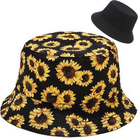 Malaxlx Sunflower Print Black Bucket Hat Beach Sun Hat Aesthetic Fishing Hat for Men Women Teens, Reversible Double-Side-Wear
